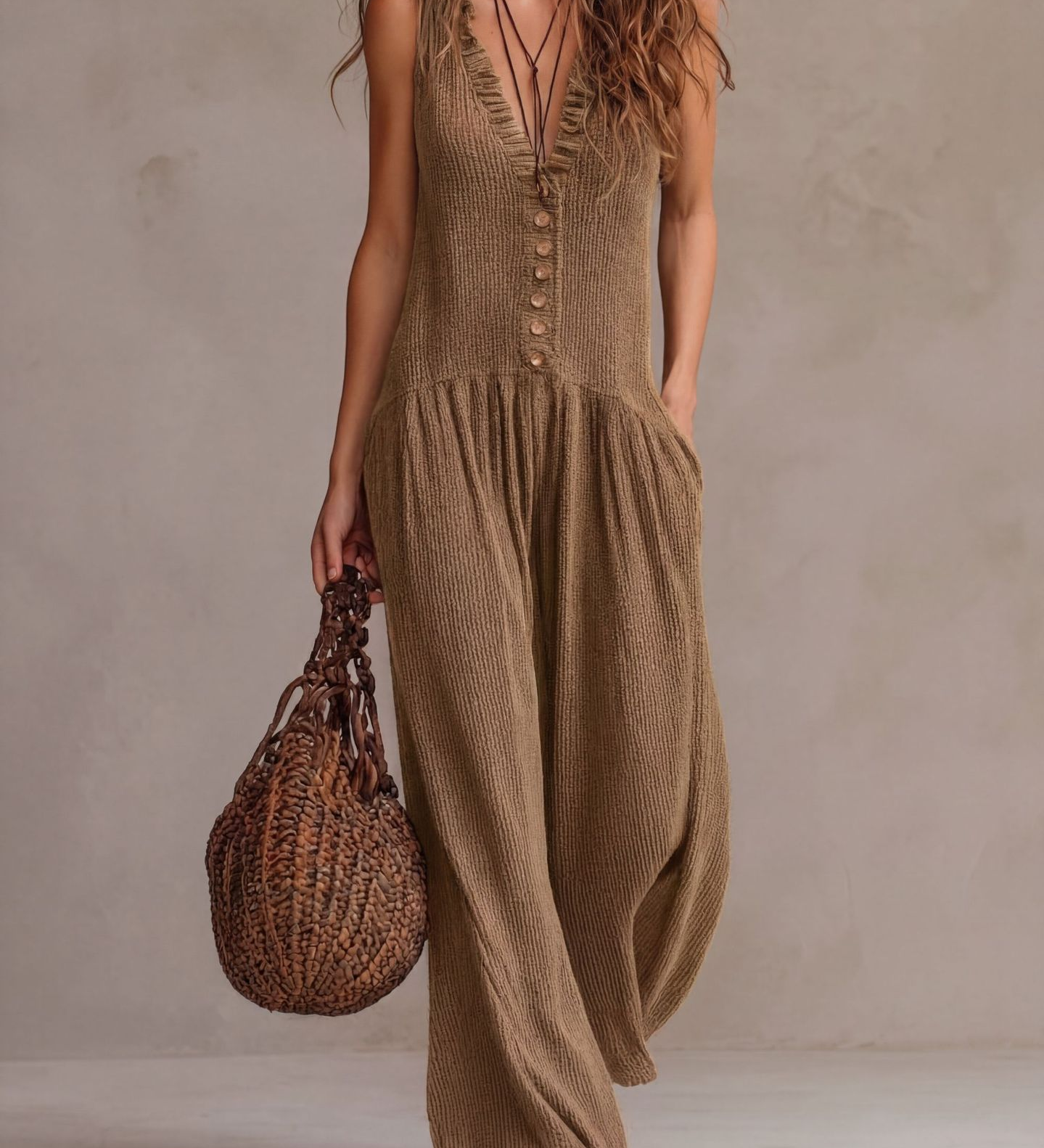 Retro Ruffled V-neck Wide-leg Jumpsuit