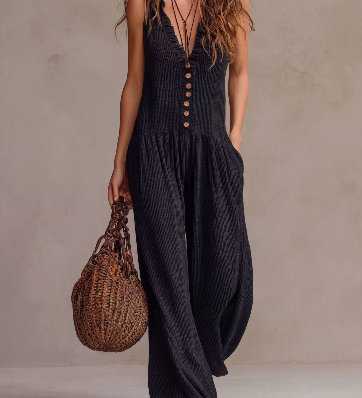 Retro Ruffled V-neck Wide-leg Jumpsuit