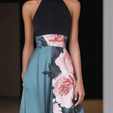 Black Slit Floral Classic Crew Neck Sleeveless A-Line Maxi Dress