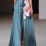 Black Slit Floral Classic Crew Neck Sleeveless A-Line Maxi Dress