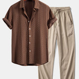 Geometry Rhombus Jacquard Button Up Shirt & Crinkle Textured Straight Leg Pants