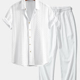 Geometry Rhombus Jacquard Button Up Shirt & Crinkle Textured Straight Leg Pants
