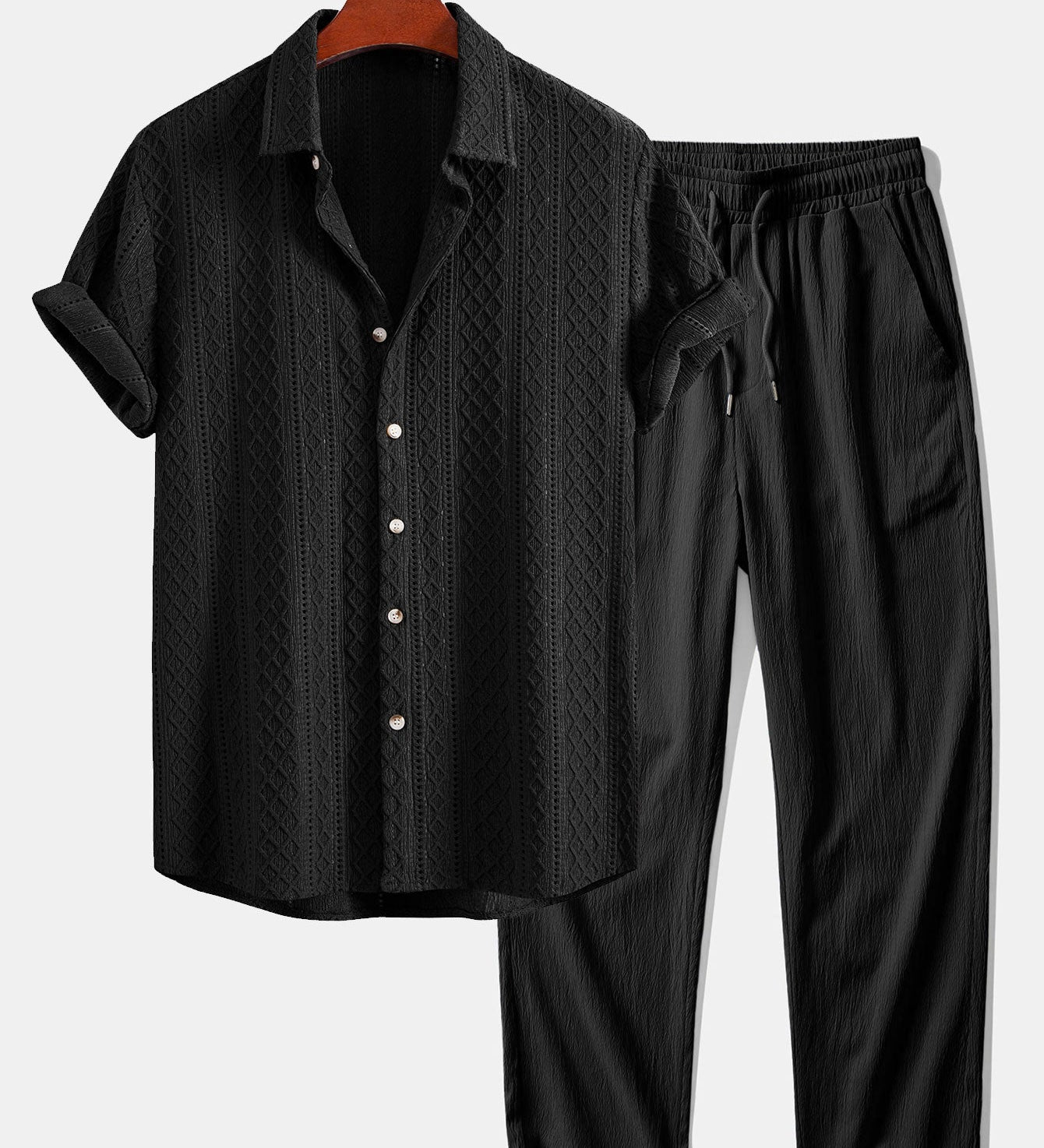 Geometry Rhombus Jacquard Button Up Shirt & Crinkle Textured Straight Leg Pants