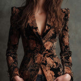 Velvet Floral Print Blazer In Black And Bronze