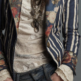 Bohemian Floral Print Cotton And Linen Striped Blazer
