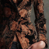 Velvet Floral Print Blazer In Black And Bronze
