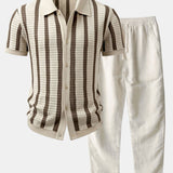 Stripe Button Up Knit Shirt & Straight Leg Linen Pants