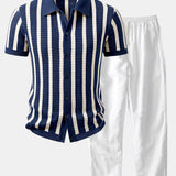 Stripe Button Up Knit Shirt & Straight Leg Linen Pants