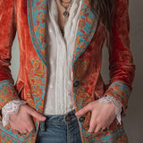 Retro Contrast Color Polyester Velvet Printed Blazer