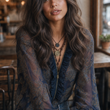 Navy Baroque Paisley Ruffle Zip Chiffon Blouse
