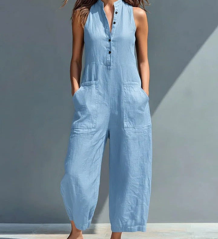 Black Minimalist Faux Linen Button-down Collar Sleeveless Loose-fitting Jumpsuit