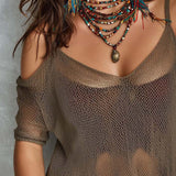 Relaxed Statement Sheer Mesh Off-Shoulder Top