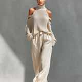 MARIA |  Knit Fabric Cold-Shoulder Turtleneck Top & Wide-Leg Pants Set