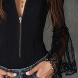 Vintage Sheer Sleeves Zip-up Collar Blouse