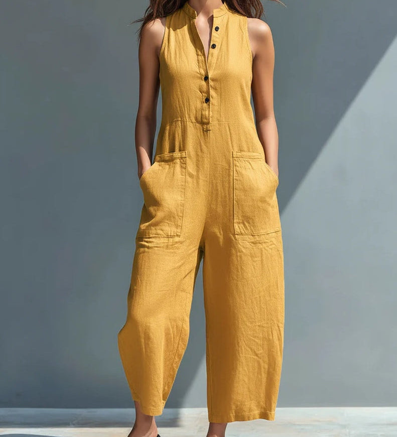 Black Minimalist Faux Linen Button-down Collar Sleeveless Loose-fitting Jumpsuit